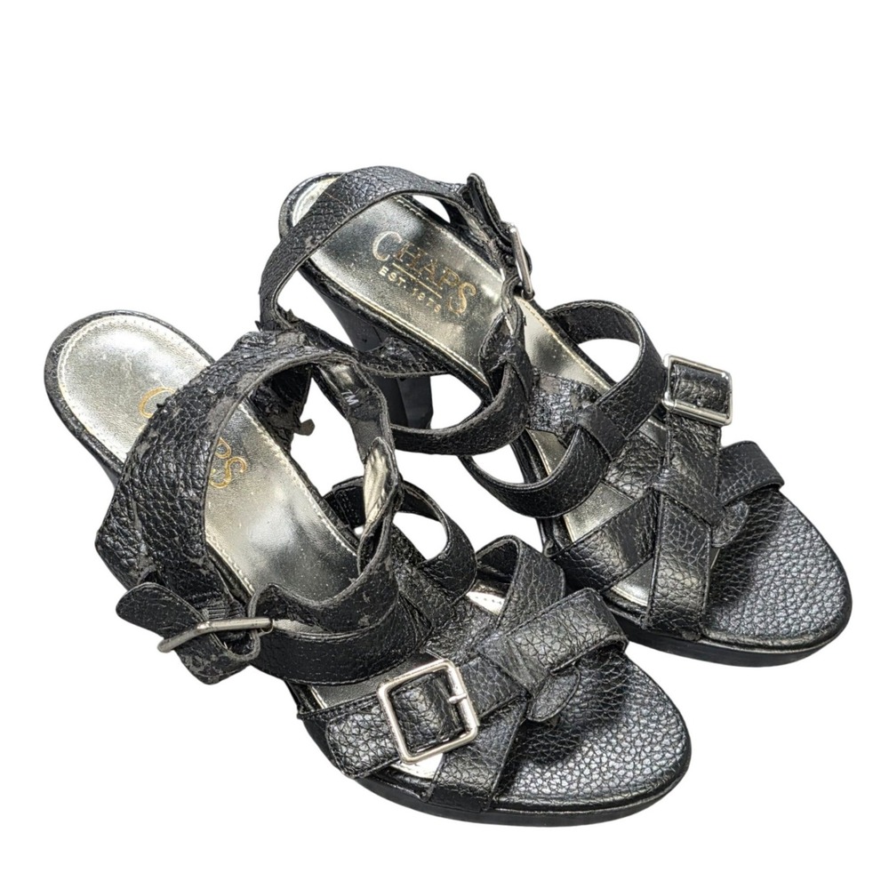 Chaps Sanea Strappy Heel Platform Sandals Women's Size 7B Black Buckle Accents